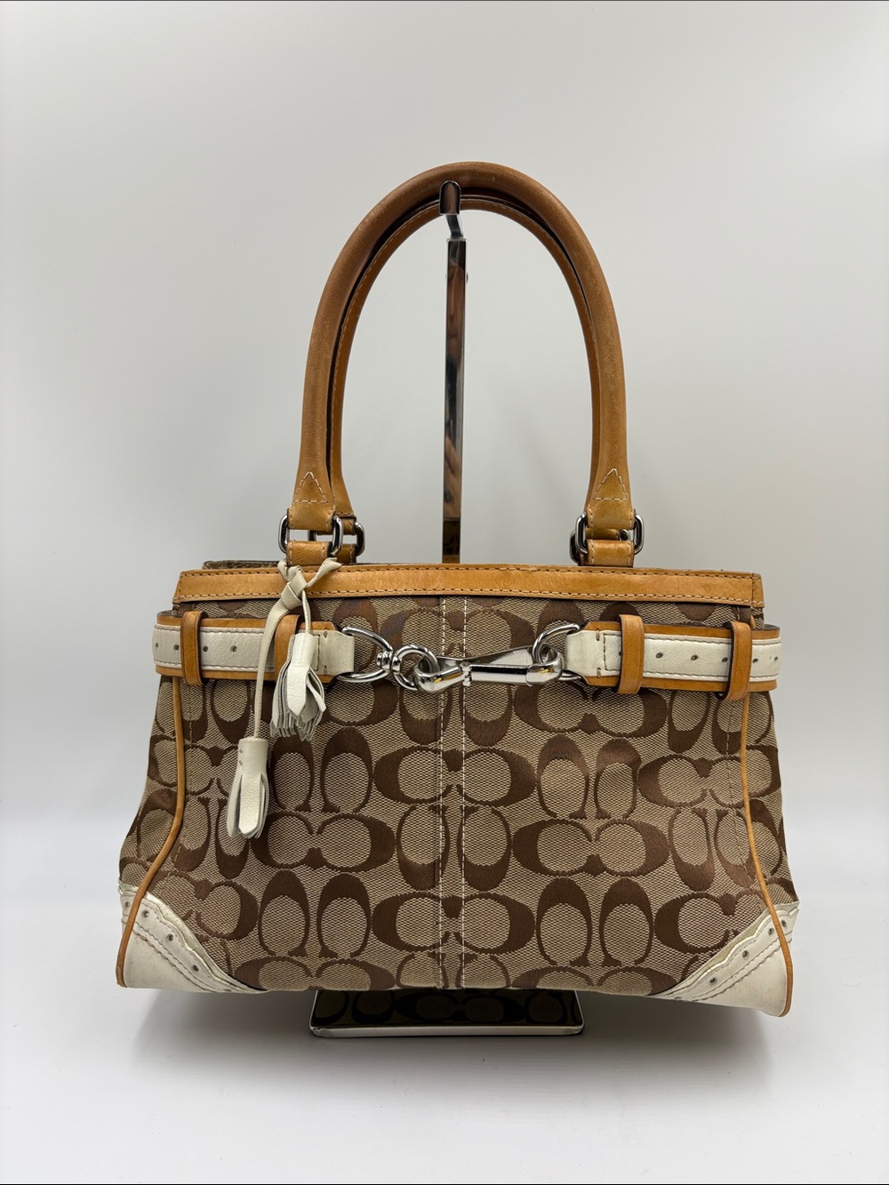 Coach Brown Signature Canvas Shoulder Bag with Tan and Cream Trim
